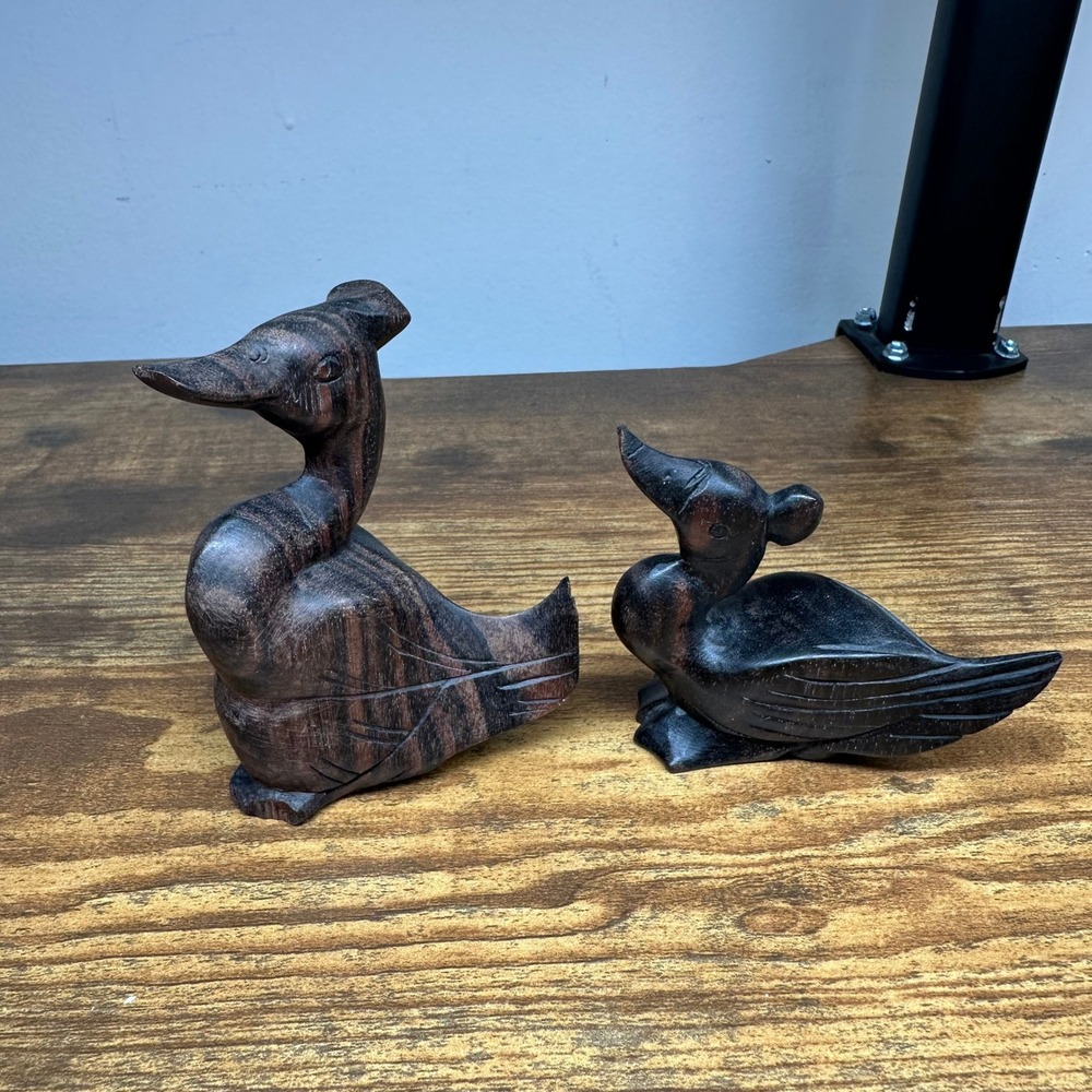 Vintage Hand Carved Dark Wood Duck Figurines Set of 2 Folk Art Sculptures